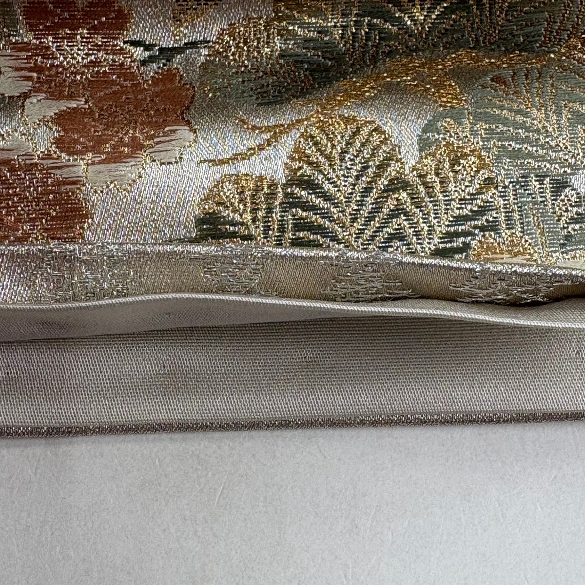 【美品】 袋帶 秀品級 華紋 花鳥 金銀絲 灰色 六通 純蠶絲