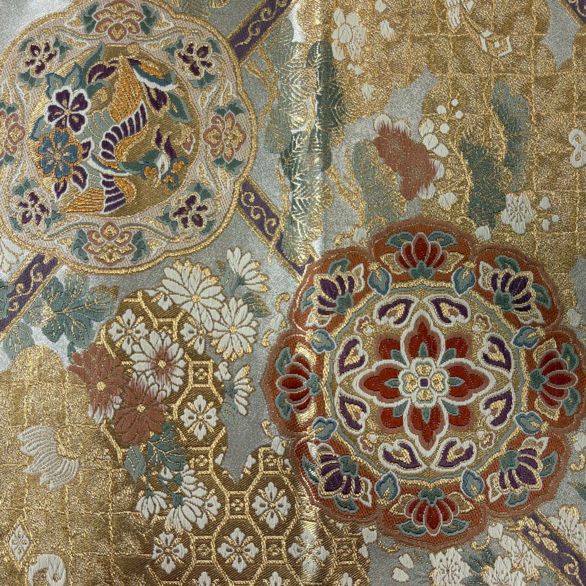 【美品】 袋帶 秀品級 華紋 花鳥 金銀絲 灰色 六通 純蠶絲