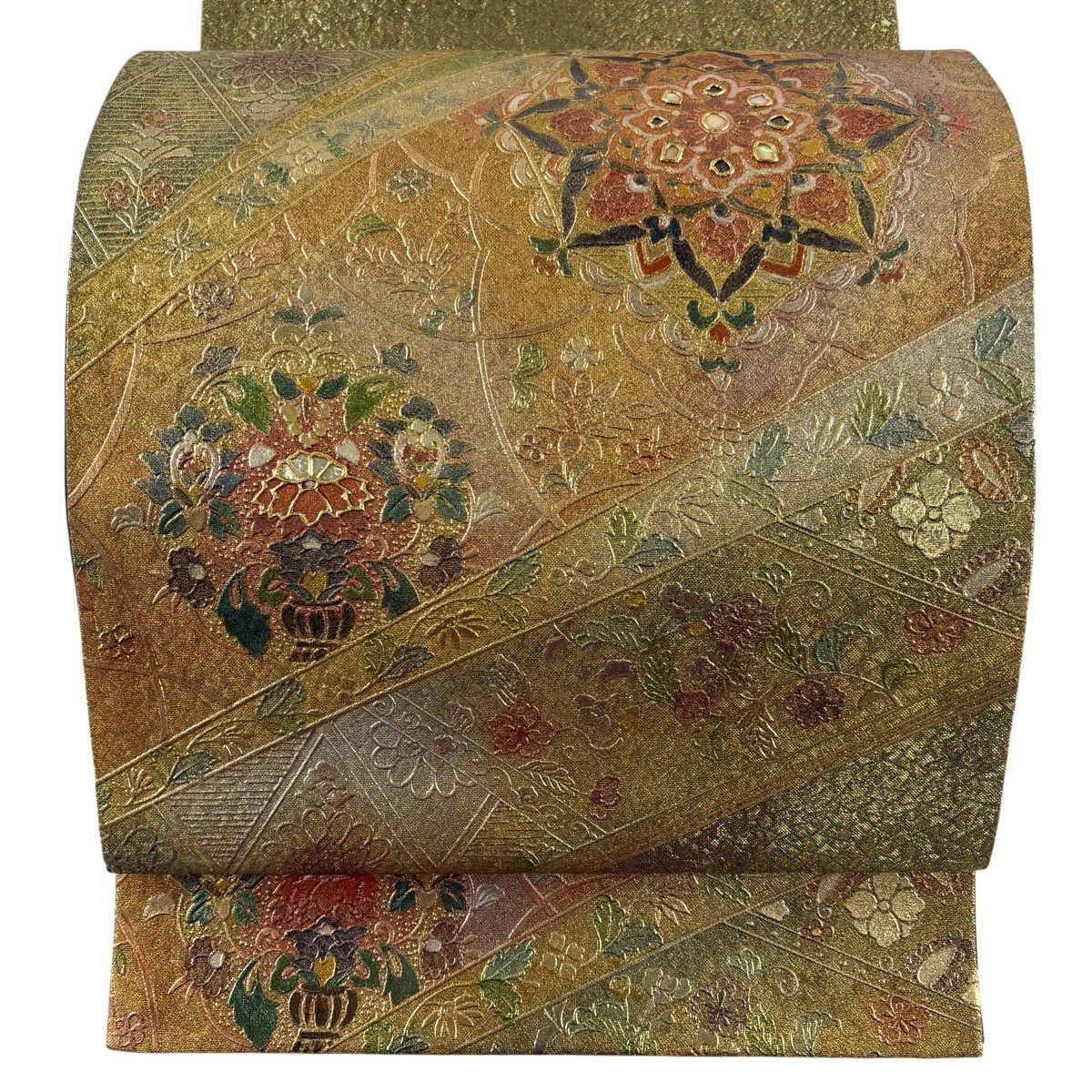 【美品】 袋帶 秀品級 華紋 花唐草紋 螺鈿 金糸 金色 大鼓圖案 純蠶絲