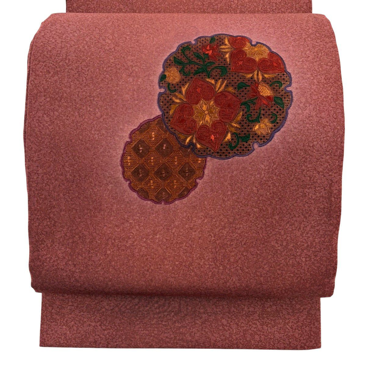 【美品】 袋帶 秀品級 雪輪 草花紋 刺繡 漸層 深紅色 大鼓圖案 純蠶絲