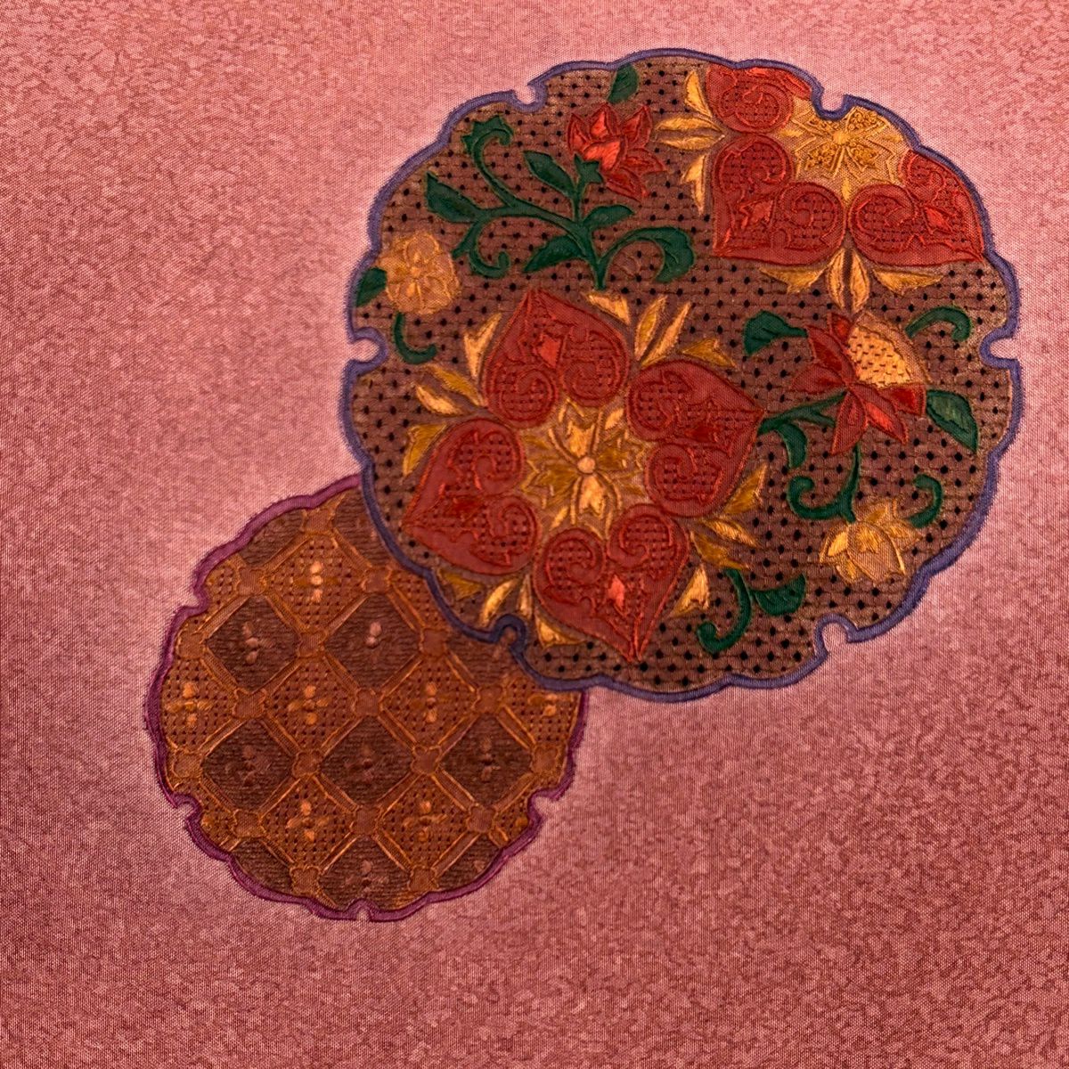【美品】 袋帶 秀品級 雪輪 草花紋 刺繡 漸層 深紅色 大鼓圖案 純蠶絲