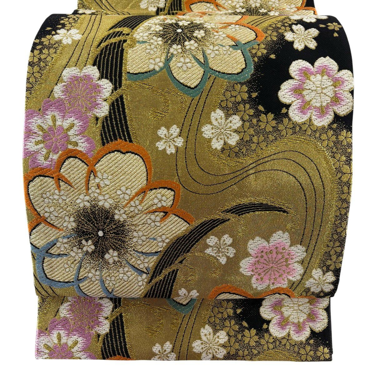 袋帶 秀品級 證書附帶 振袖禮服禮服用 櫻花 波頭 金金箔 金絲 黑色 六通 純蠶絲
