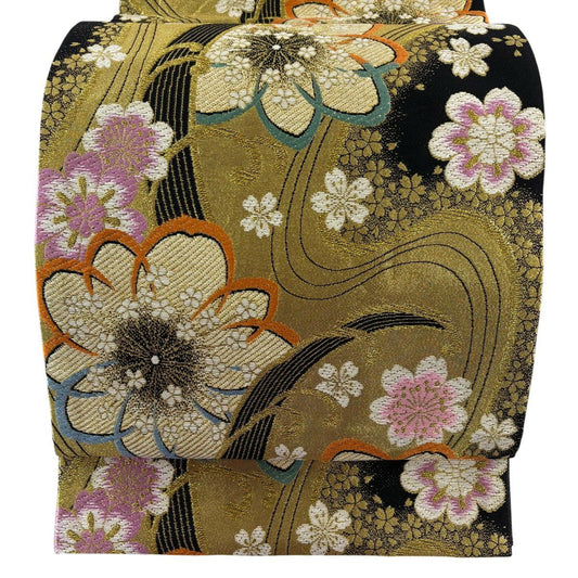 袋帶 秀品級 證書附帶 振袖禮服禮服用 櫻花 波頭 金金箔 金絲 黑色 六通 純蠶絲