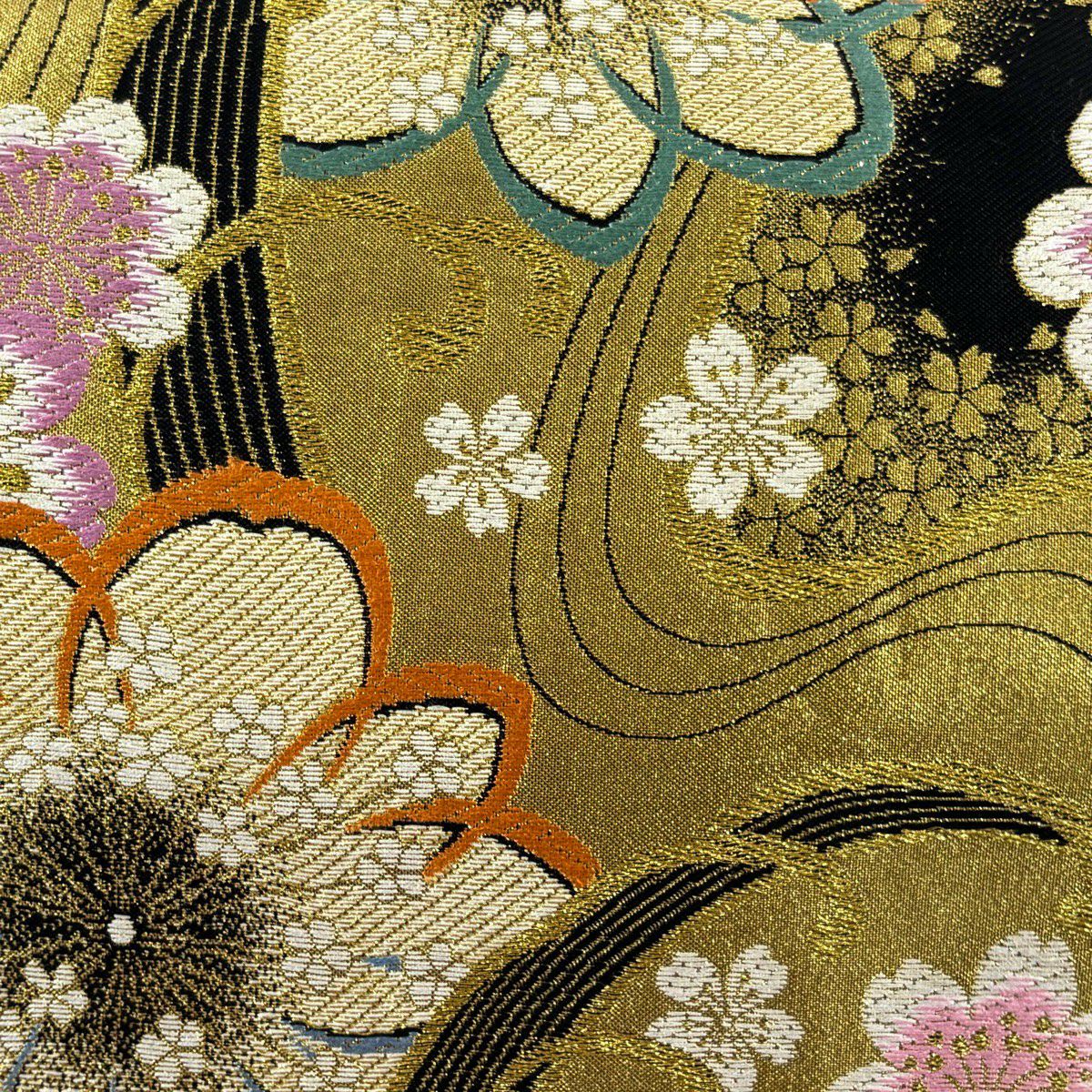 袋帶 秀品級 證書附帶 振袖禮服禮服用 櫻花 波頭 金金箔 金絲 黑色 六通 純蠶絲