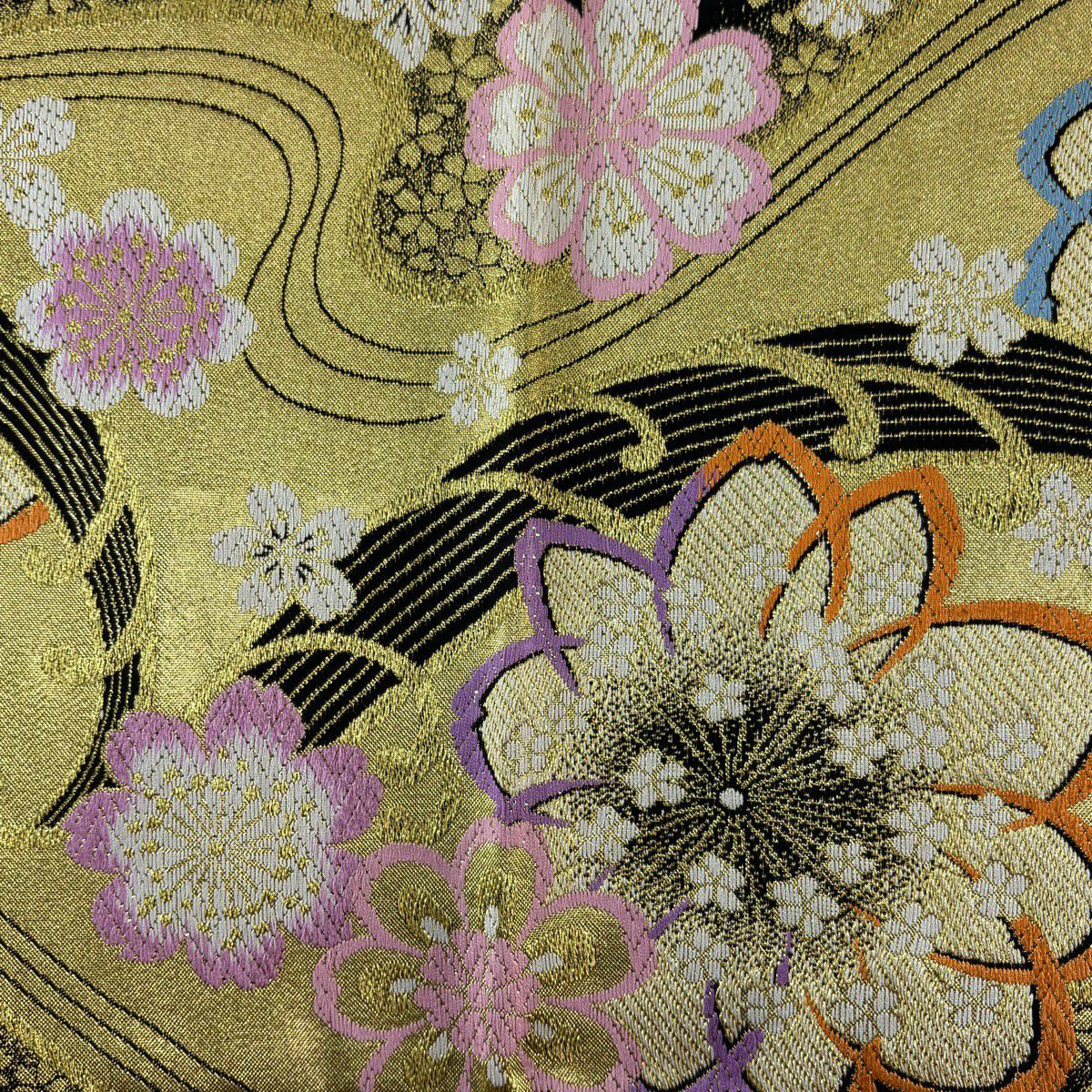 袋帶 秀品級 證書附帶 振袖禮服禮服用 櫻花 波頭 金金箔 金絲 黑色 六通 純蠶絲