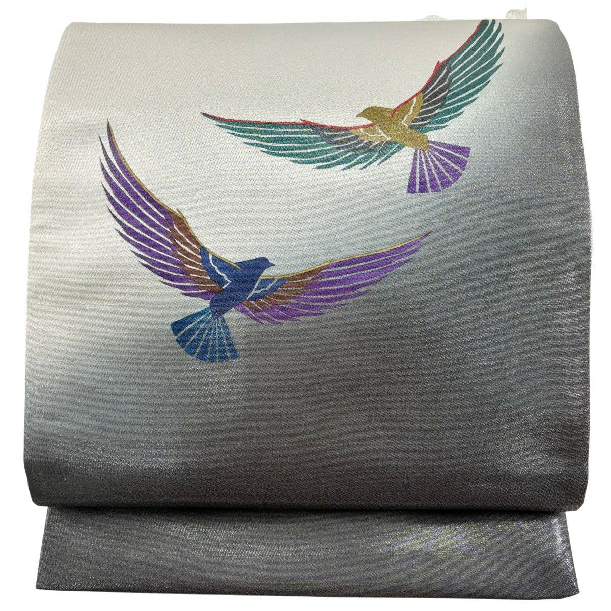 【美品】 袋帶 秀品級 鳥 銀線 灰 深藍色 お太鼓圖案 純蠶絲