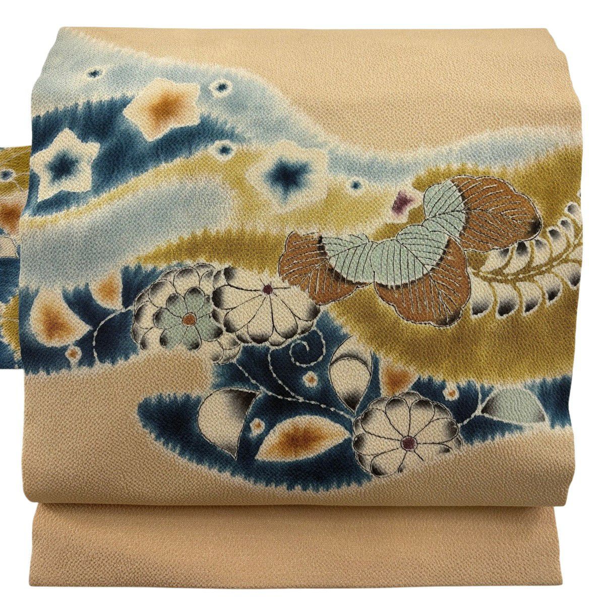 【美品】 名古屋帶 秀品級 落款 草花紋紋 霞 縮緬 米色 純蠶絲