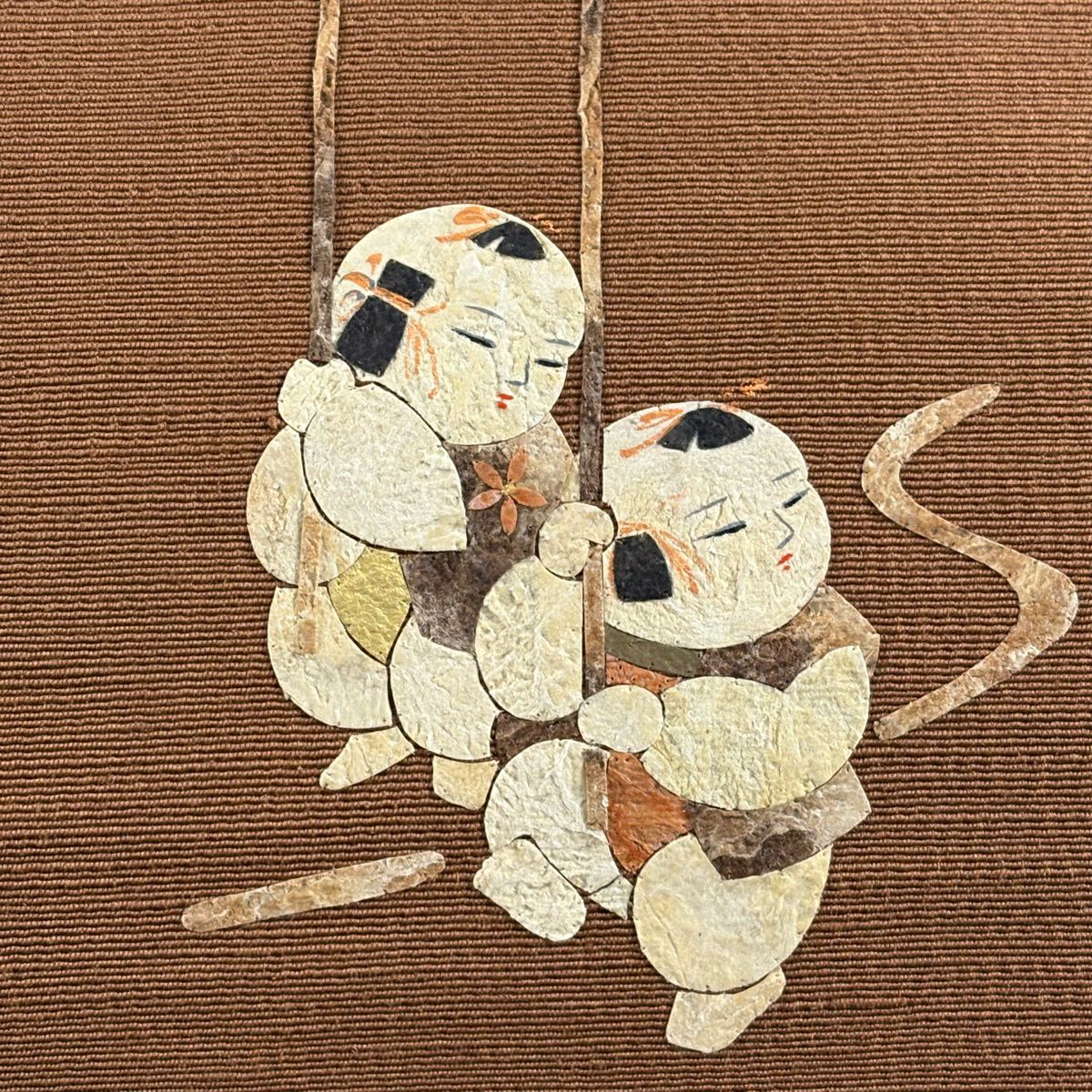 名古屋帶 秀品級 附有落款 田尾笛秋 唐子 流水 茶 純蠶絲