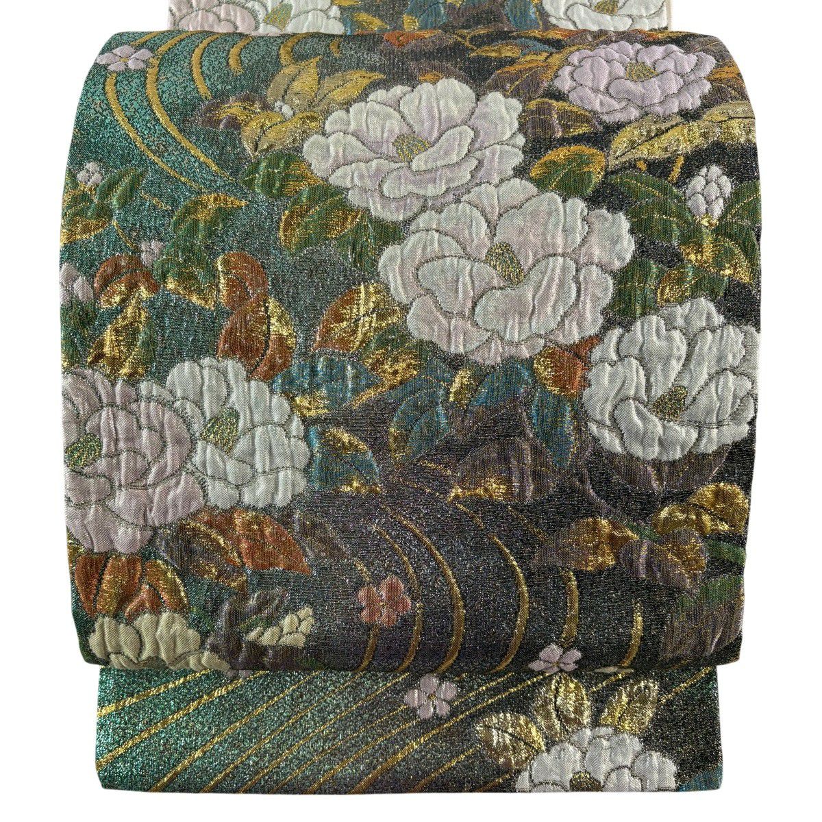 袋帶 秀品級 椿 流水 金金箔 金絲 深紫 六通 純蠶絲