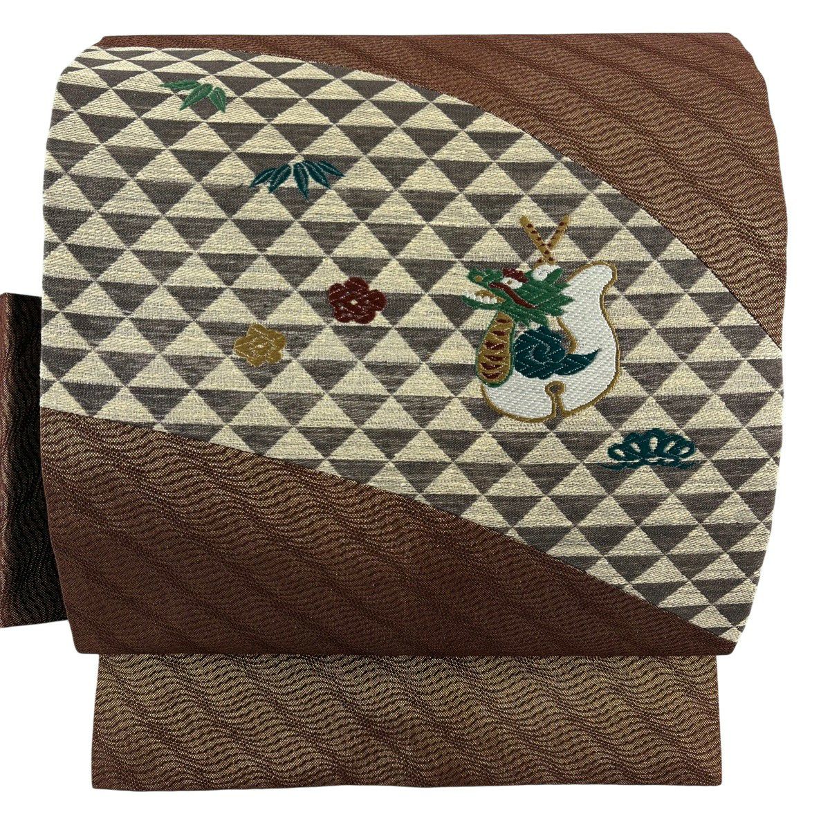 【美品】 名古屋帶 秀品級 鈴 松樹竹子梅花 刺繡 金線 茶 純蠶絲