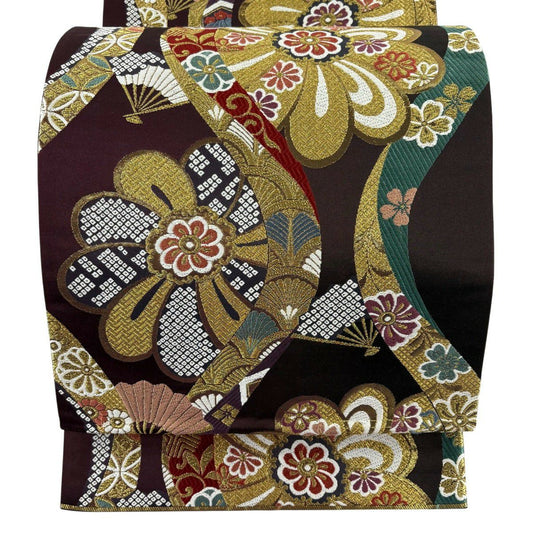 【美品】 袋帶 優品級 振袖禮服禮服用 立涌 花 唐織 金絲 深紫 六通 純蠶絲