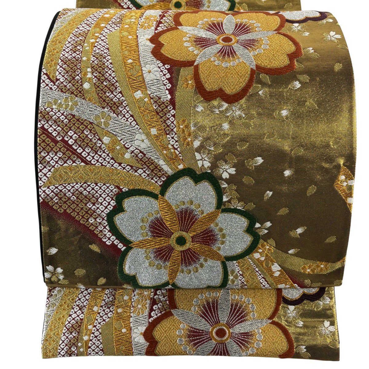 【美品】 袋帶 秀品級 振袖禮服禮服用 櫻花 束帶熨斗紋 唐織 金銀彩 金 六通 純蠶絲