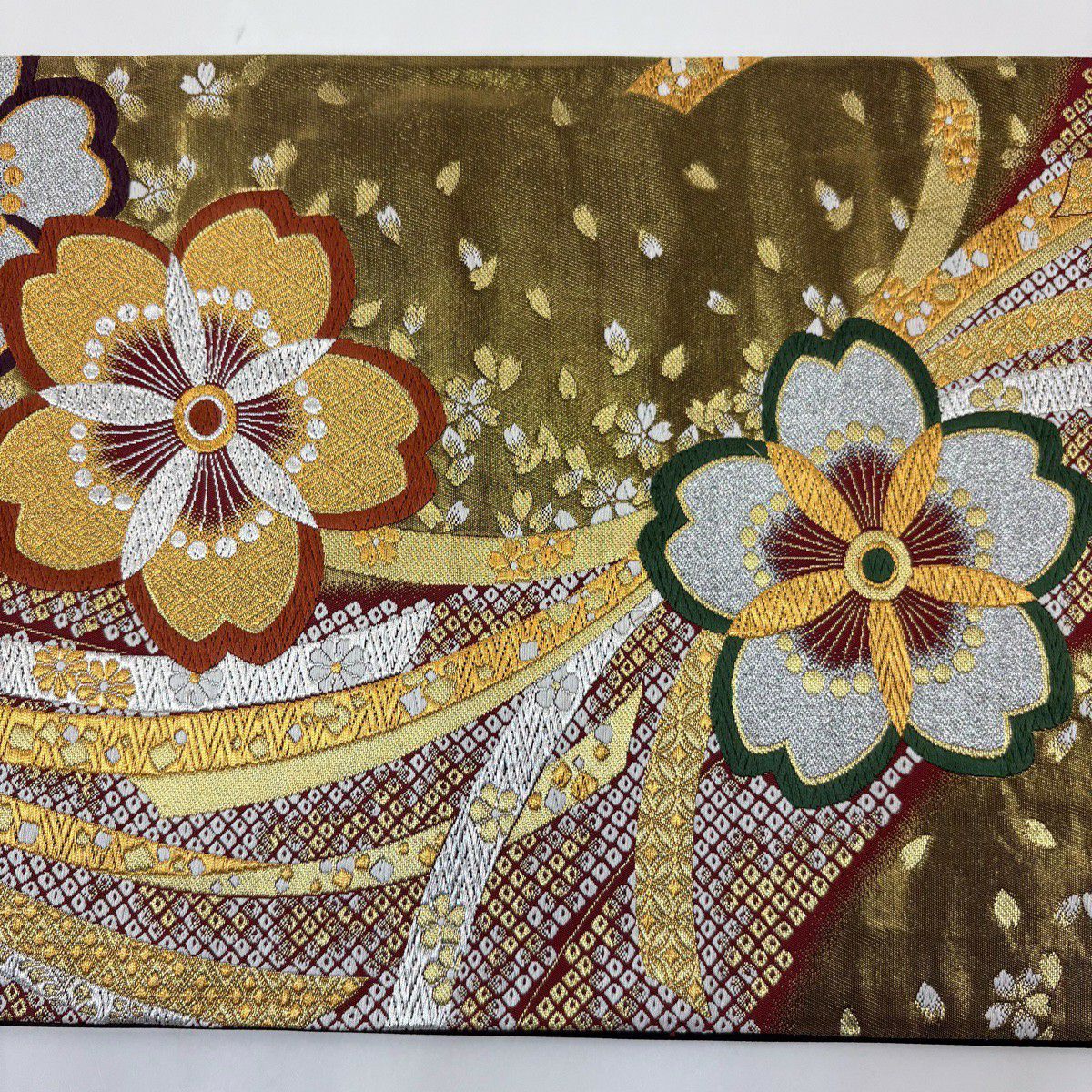 【美品】 袋帶 秀品級 振袖禮服禮服用 櫻花 束帶熨斗紋 唐織 金銀彩 金 六通 純蠶絲