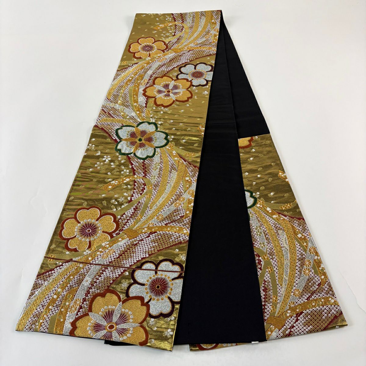 【美品】 袋帶 秀品級 振袖禮服禮服用 櫻花 束帶熨斗紋 唐織 金銀彩 金 六通 純蠶絲