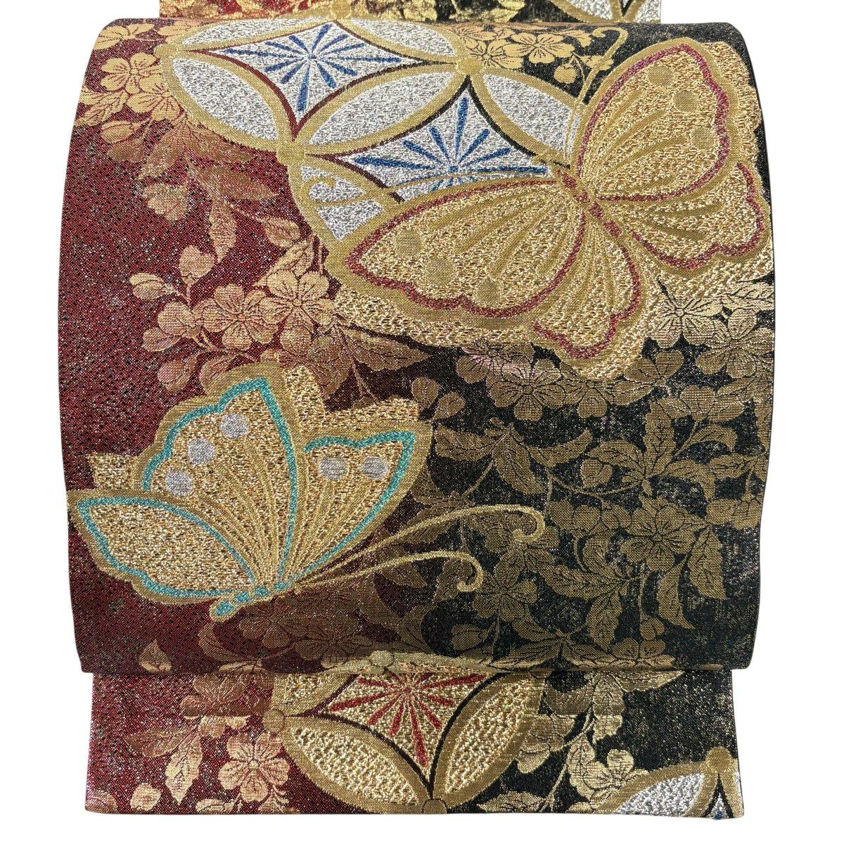 【美品】 袋帶 秀品級 振袖禮服禮服用 蝶 七寶 金絲 金金箔 金色 六通 純蠶絲