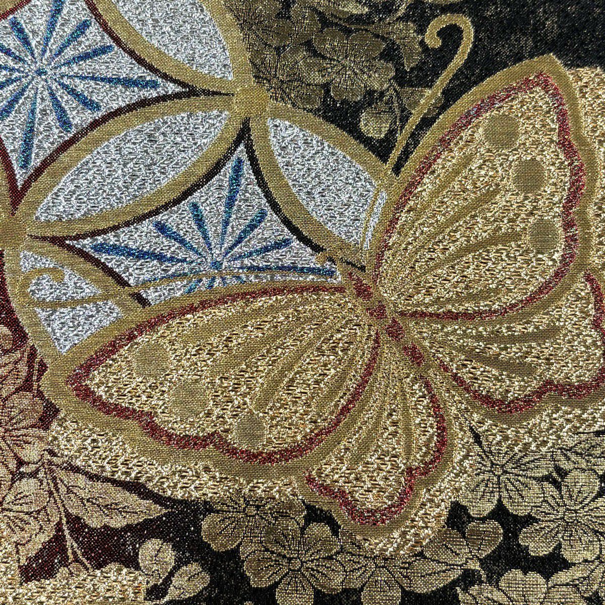 【美品】 袋帶 秀品級 振袖禮服禮服用 蝶 七寶 金絲 金金箔 金色 六通 純蠶絲