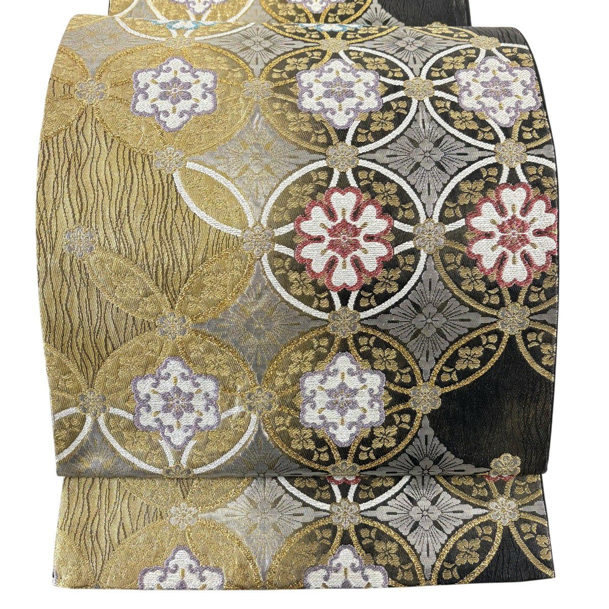 【美品】 袋帶 秀品級 七寶 花菱 金絲 金金箔 金色 六通 純蠶絲
