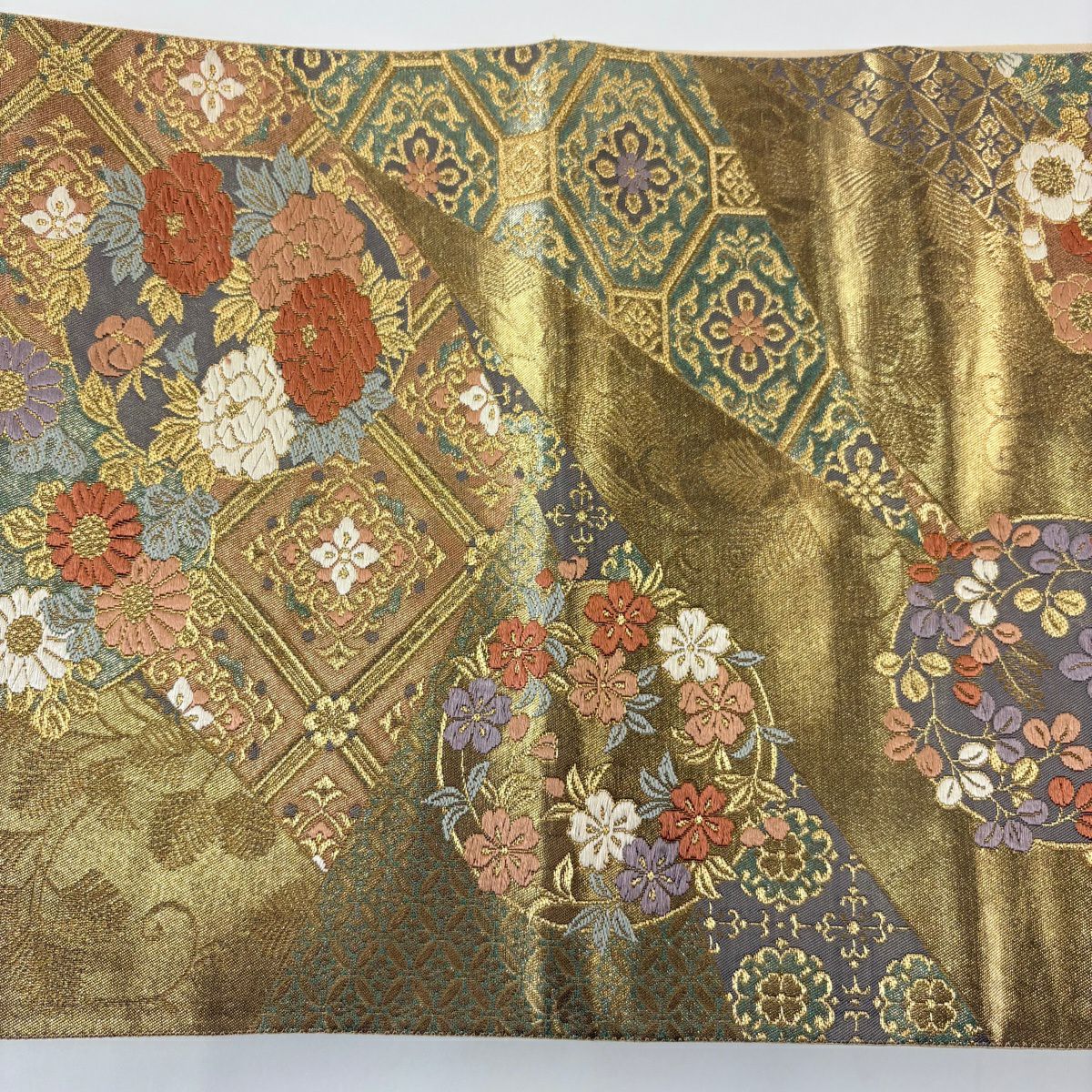 【美品】 袋帶 秀品級 花丸紋 華紋 唐織 金絲 金 六通 純蠶絲