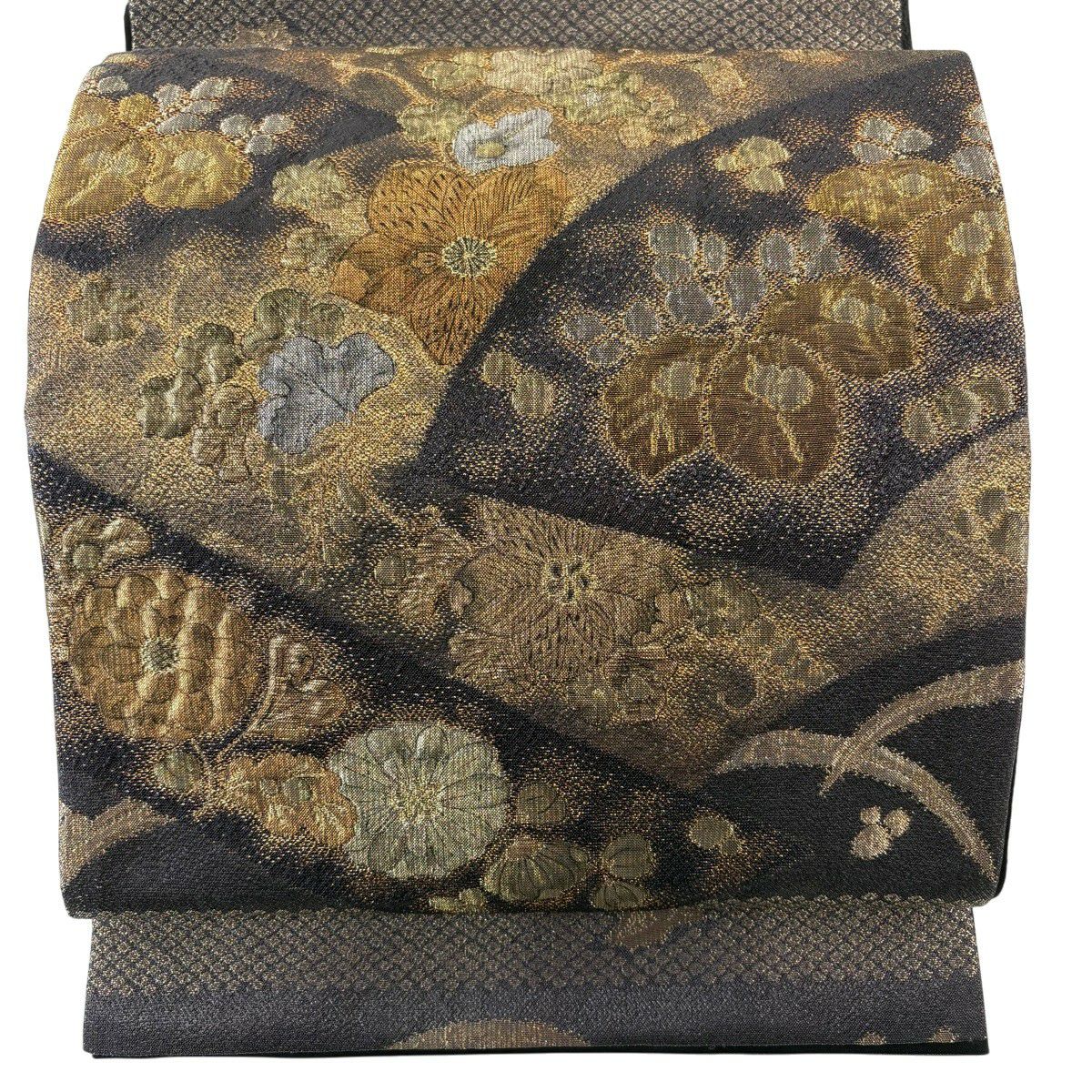 【美品】 袋帶 秀品級 草花紋紋 芝 金銀彩 墨色 お太鼓柄 純蠶絲