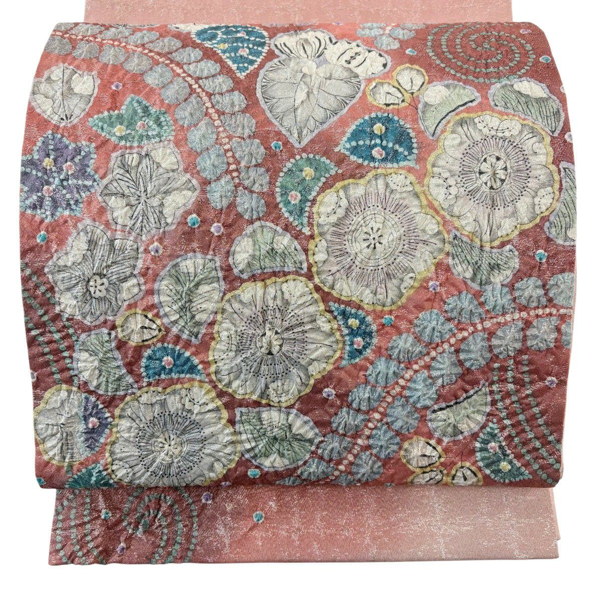 【美品】 袋帶 秀品級 落款あり 辻花染格子 銀線 粉紅 お太鼓柄 純蠶絲