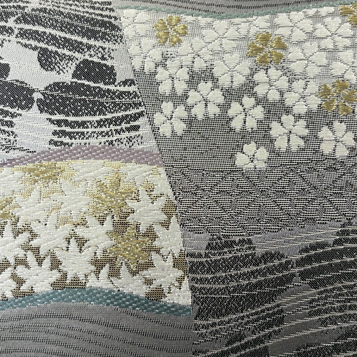 【美品】 袋帶 秀品級 櫻花菱 金銀彩 灰色 六通 純蠶絲