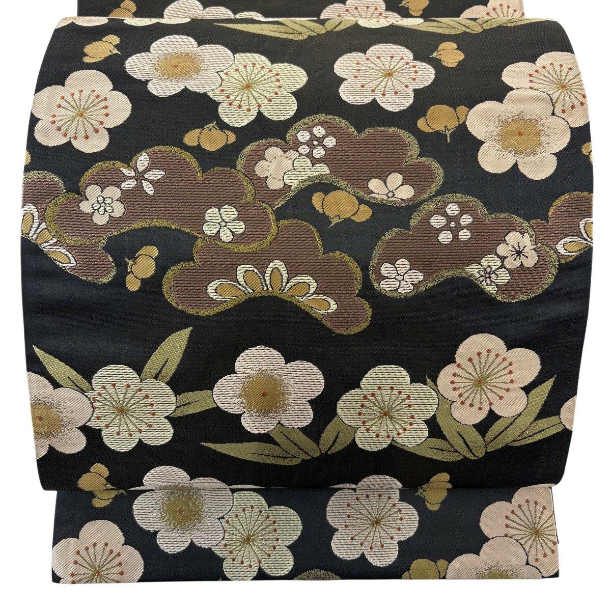 【美品】 袋帶 秀品級 松樹竹子梅花 墨 深藍 六通 純蠶絲