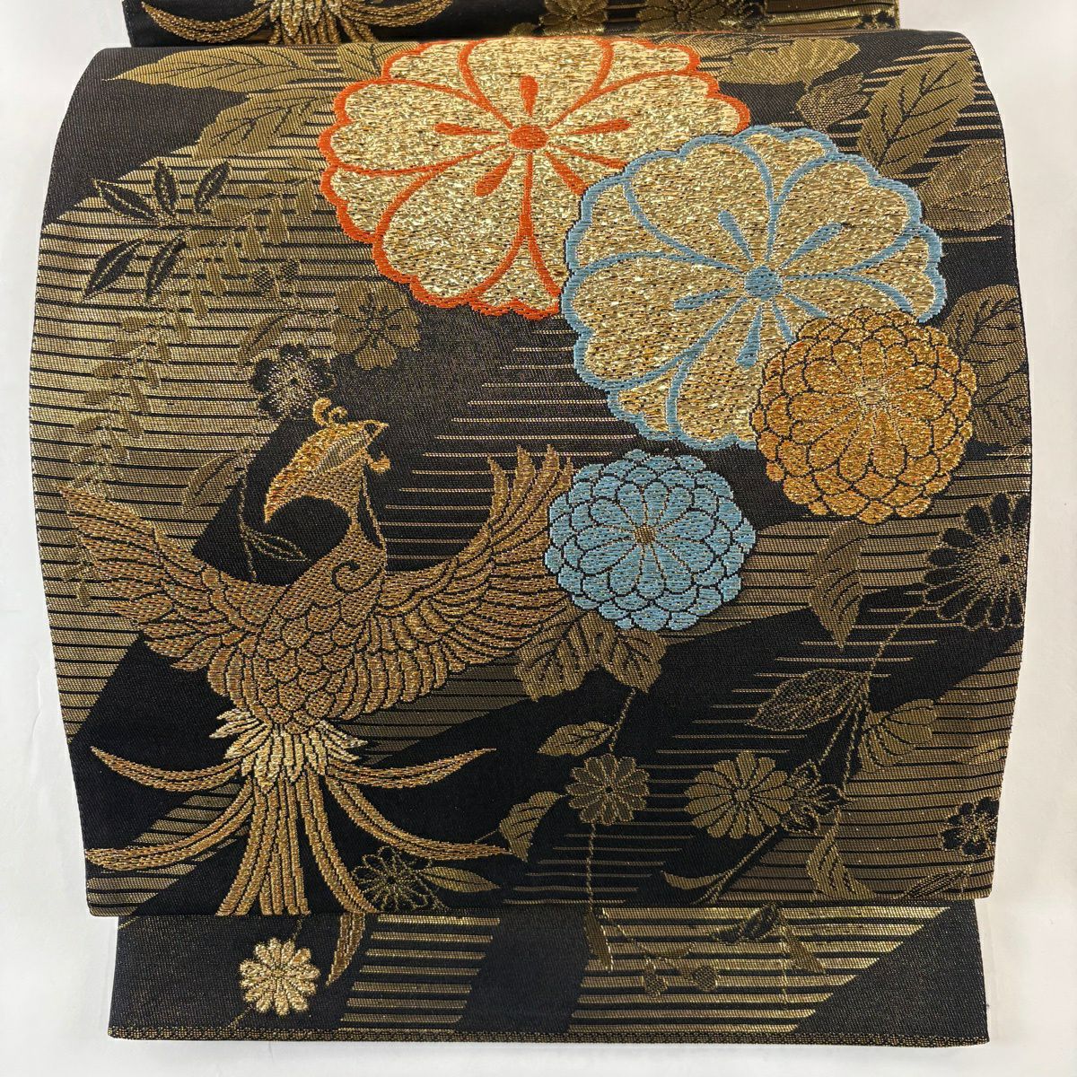 【美品】 袋帶 秀品級 鳳凰 櫻花 金金箔 墨 全通 純蠶絲