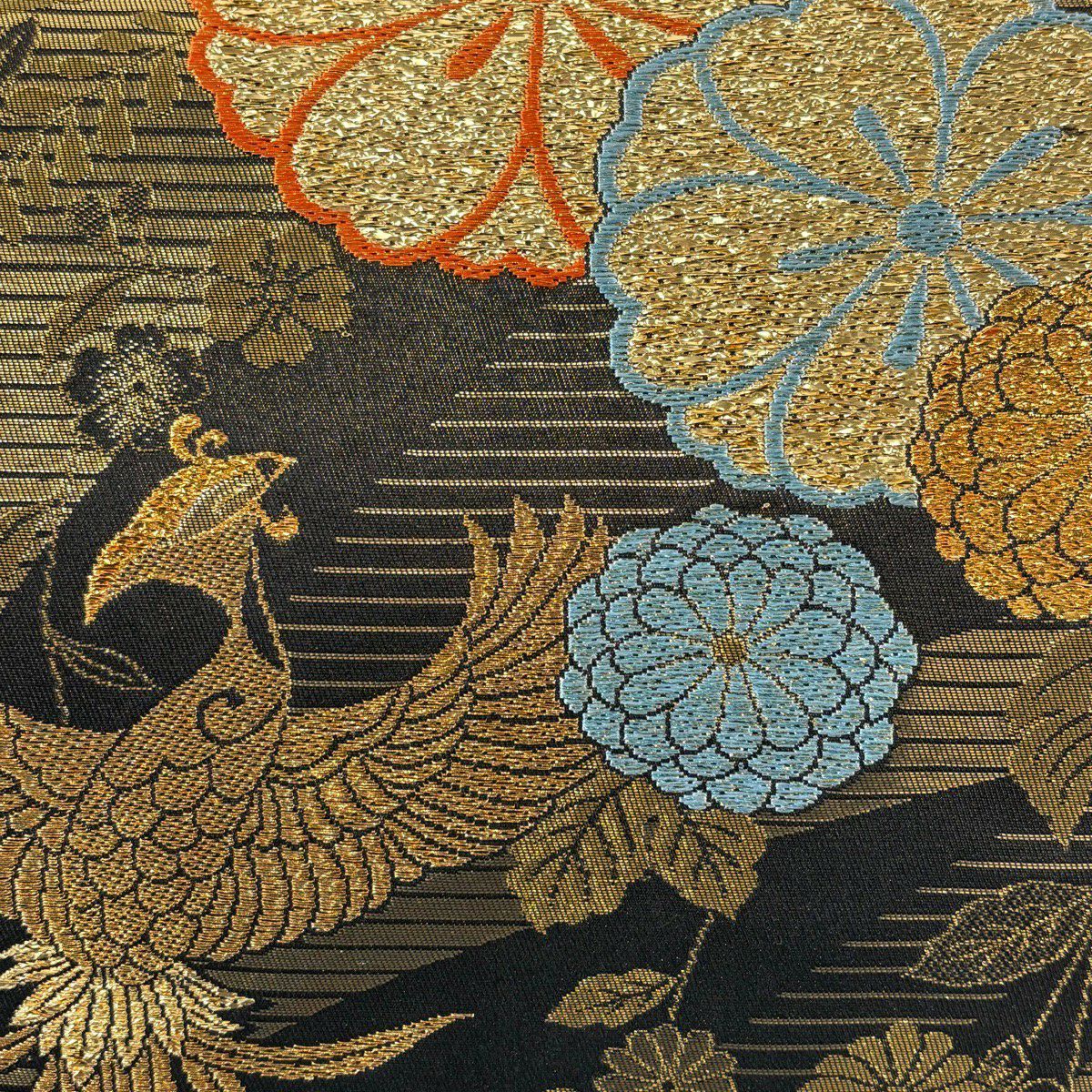 【美品】 袋帶 秀品級 鳳凰 櫻花 金金箔 墨 全通 純蠶絲