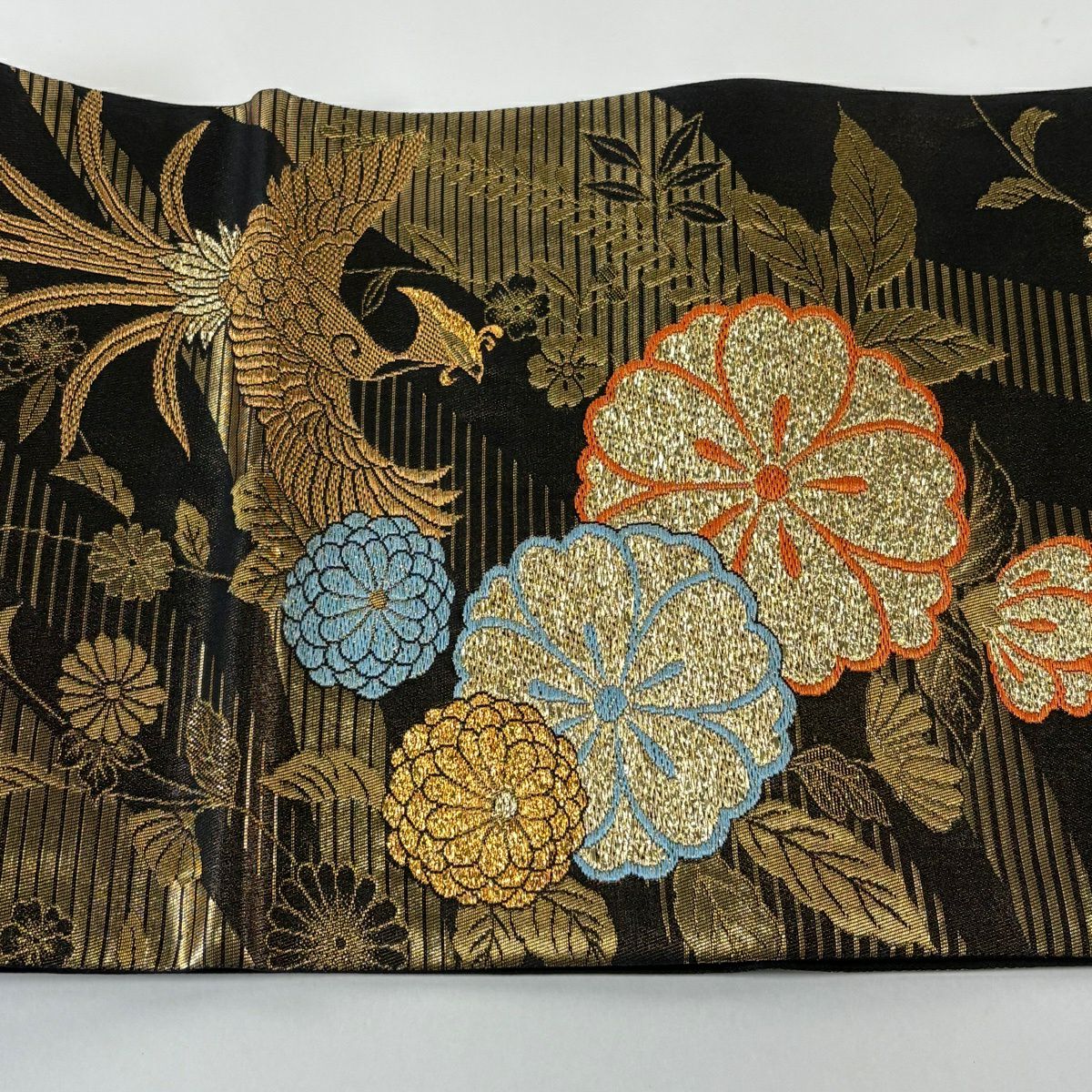 【美品】 袋帶 秀品級 鳳凰 櫻花 金金箔 墨 全通 純蠶絲