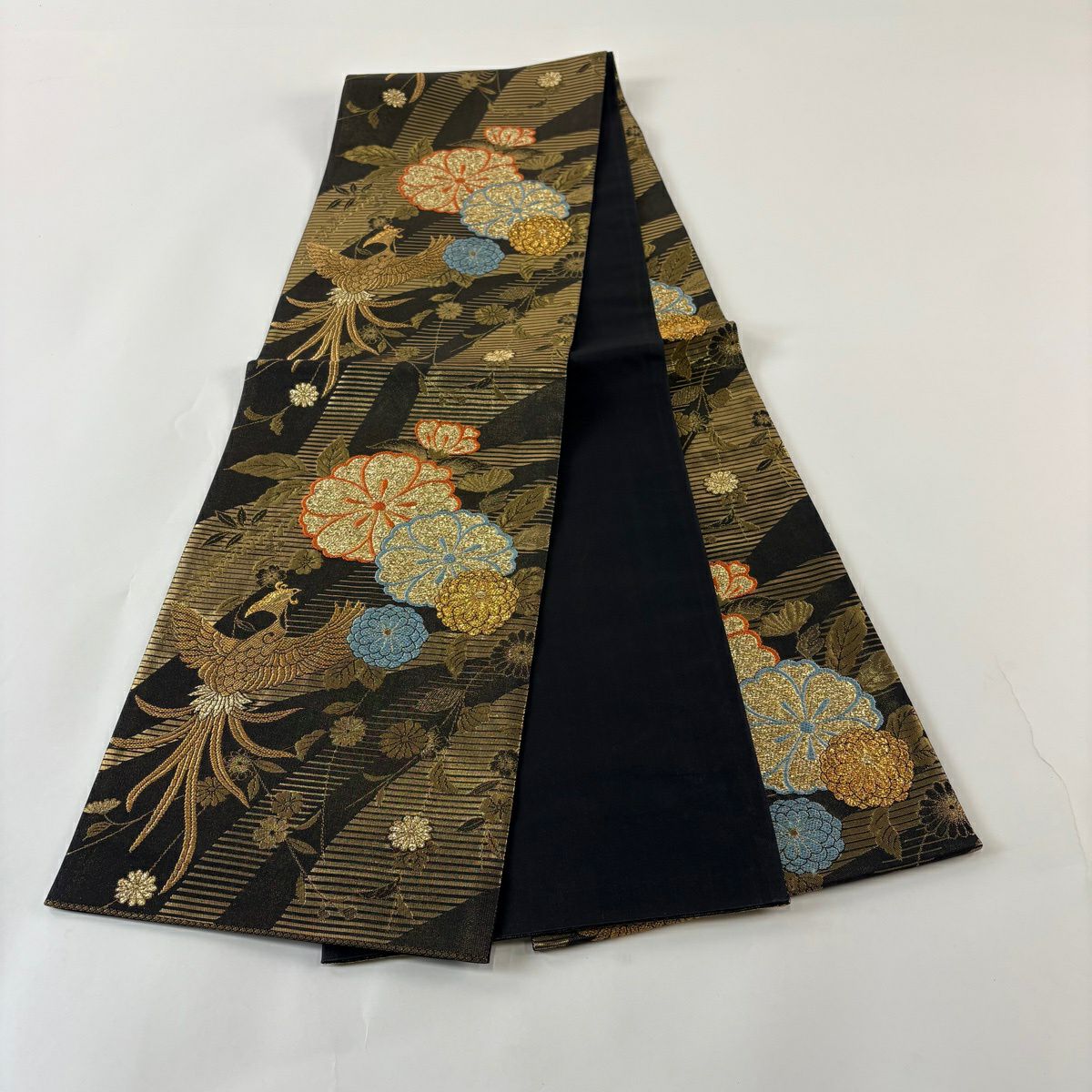【美品】 袋帶 秀品級 鳳凰 櫻花 金金箔 墨 全通 純蠶絲