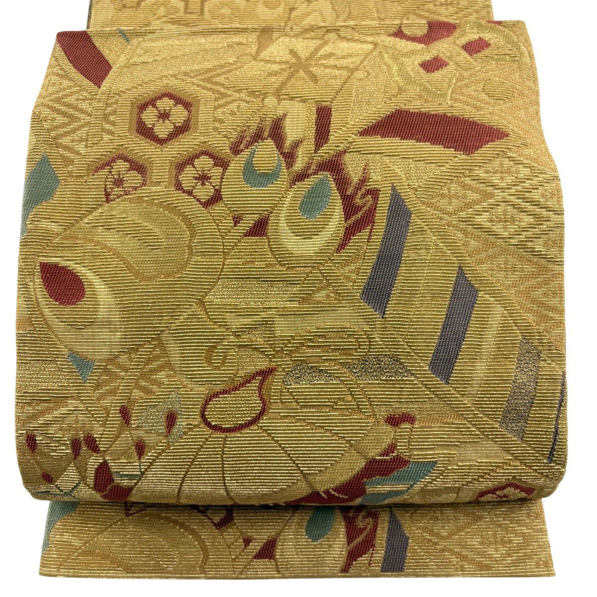 【美品】 袋帶 秀品級 寶盡くし 龜甲 金絲 黃土色 大鼓圖案 純蠶絲