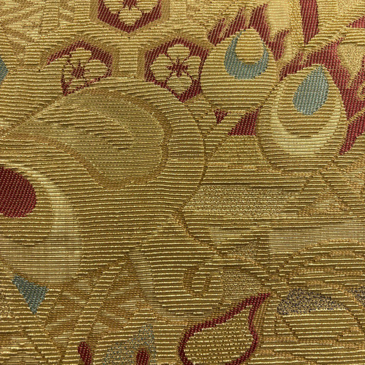 【美品】 袋帶 秀品級 寶盡くし 龜甲 金絲 黃土色 大鼓圖案 純蠶絲