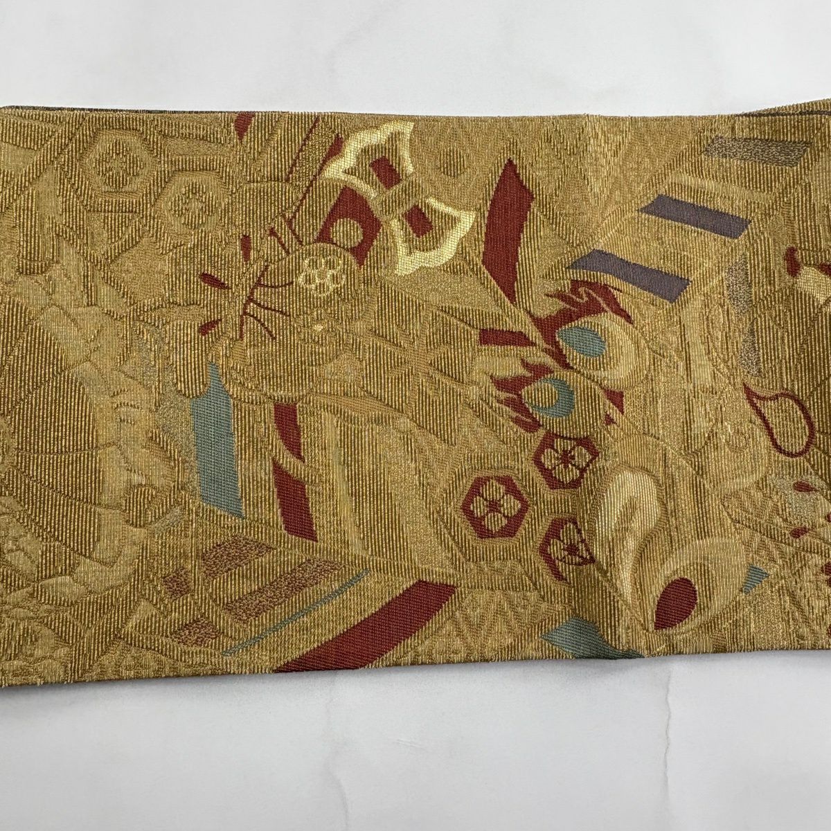 【美品】 袋帶 秀品級 寶盡くし 龜甲 金絲 黃土色 大鼓圖案 純蠶絲
