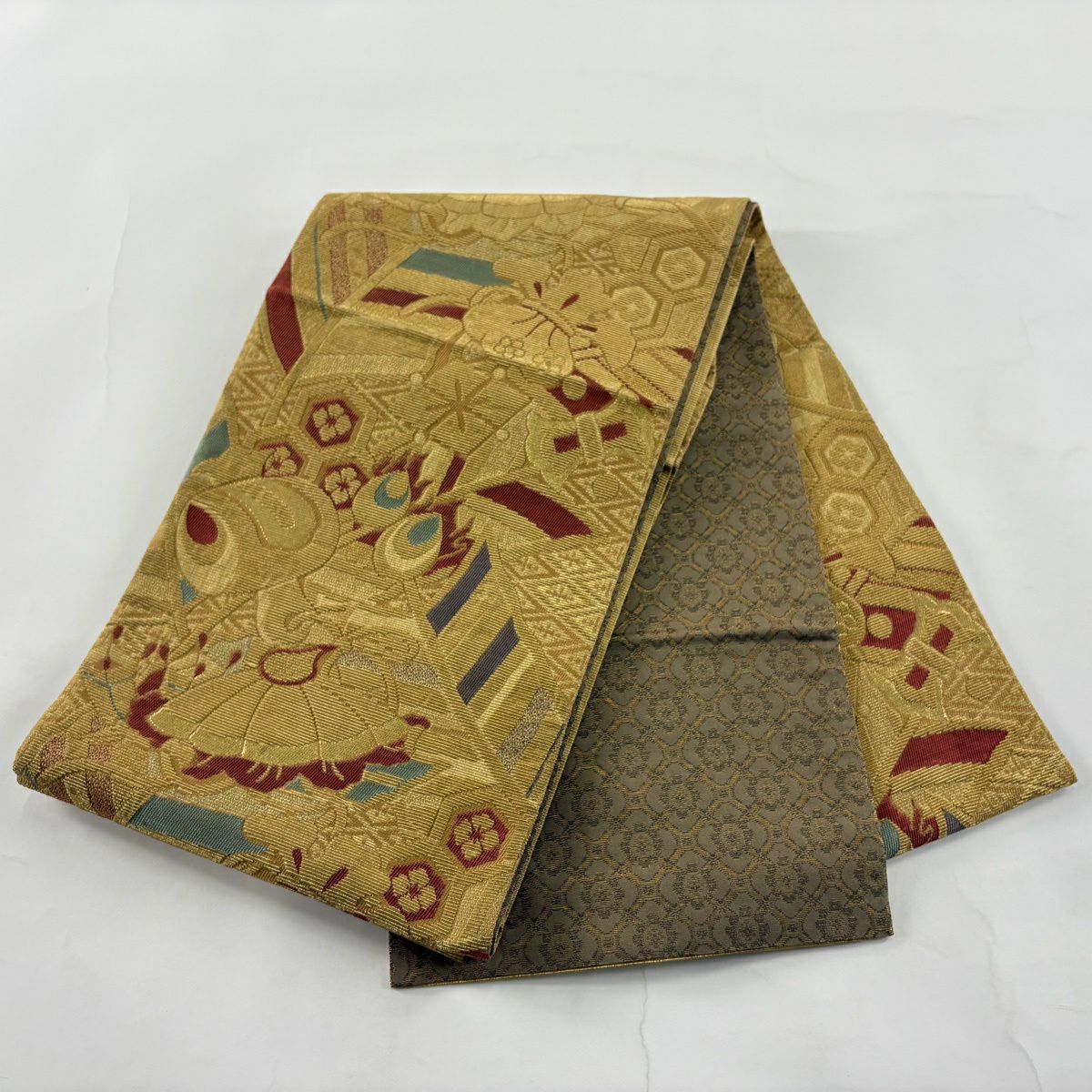 【美品】 袋帶 秀品級 寶盡くし 龜甲 金絲 黃土色 大鼓圖案 純蠶絲