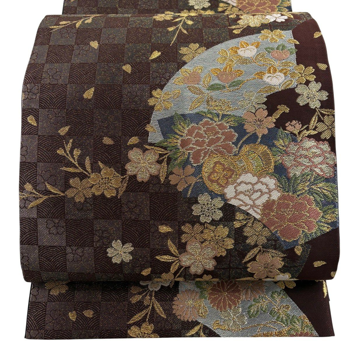 【美品】 袋帶 秀品級 扇子面 草花紋 金銀彩 刺繡 茶紫 六通 純蠶絲