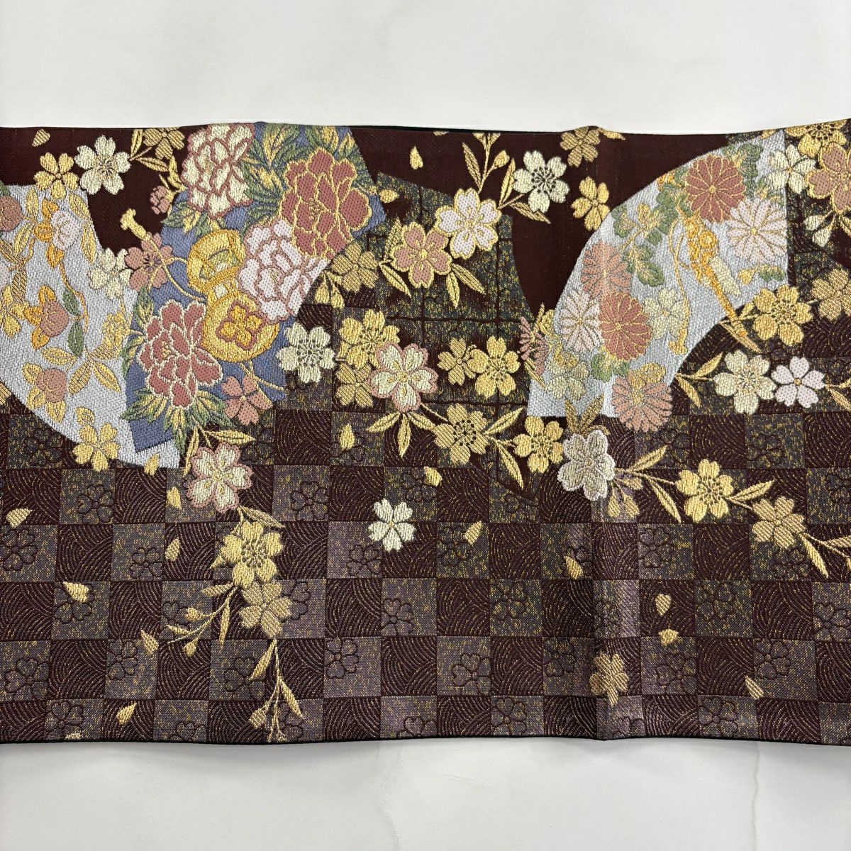 【美品】 袋帶 秀品級 扇子面 草花紋 金銀彩 刺繡 茶紫 六通 純蠶絲