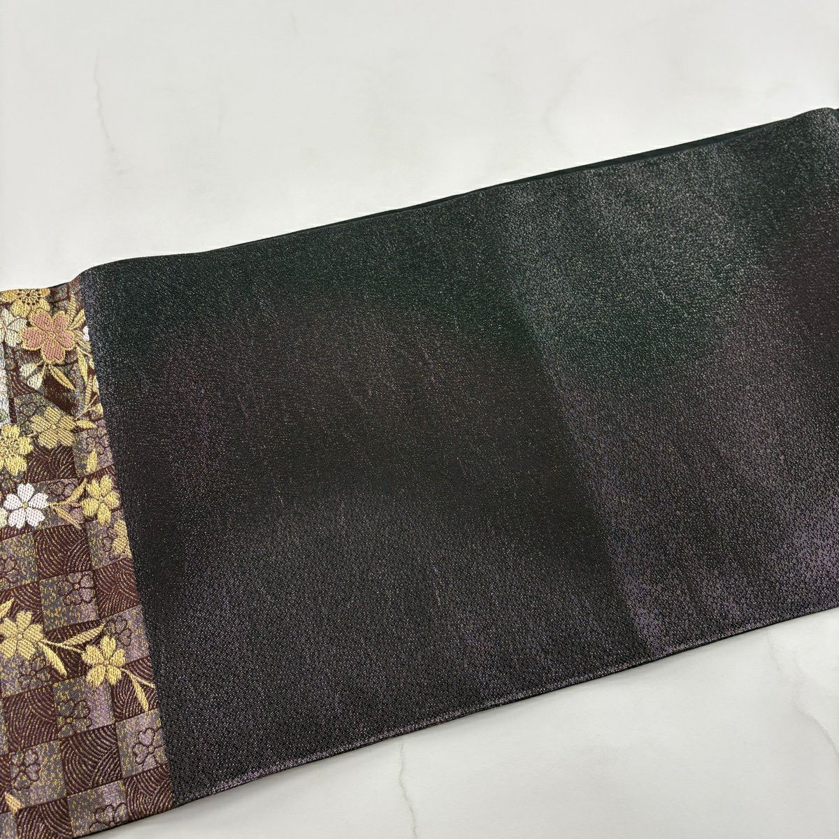 【美品】 袋帶 秀品級 扇子面 草花紋 金銀彩 刺繡 茶紫 六通 純蠶絲