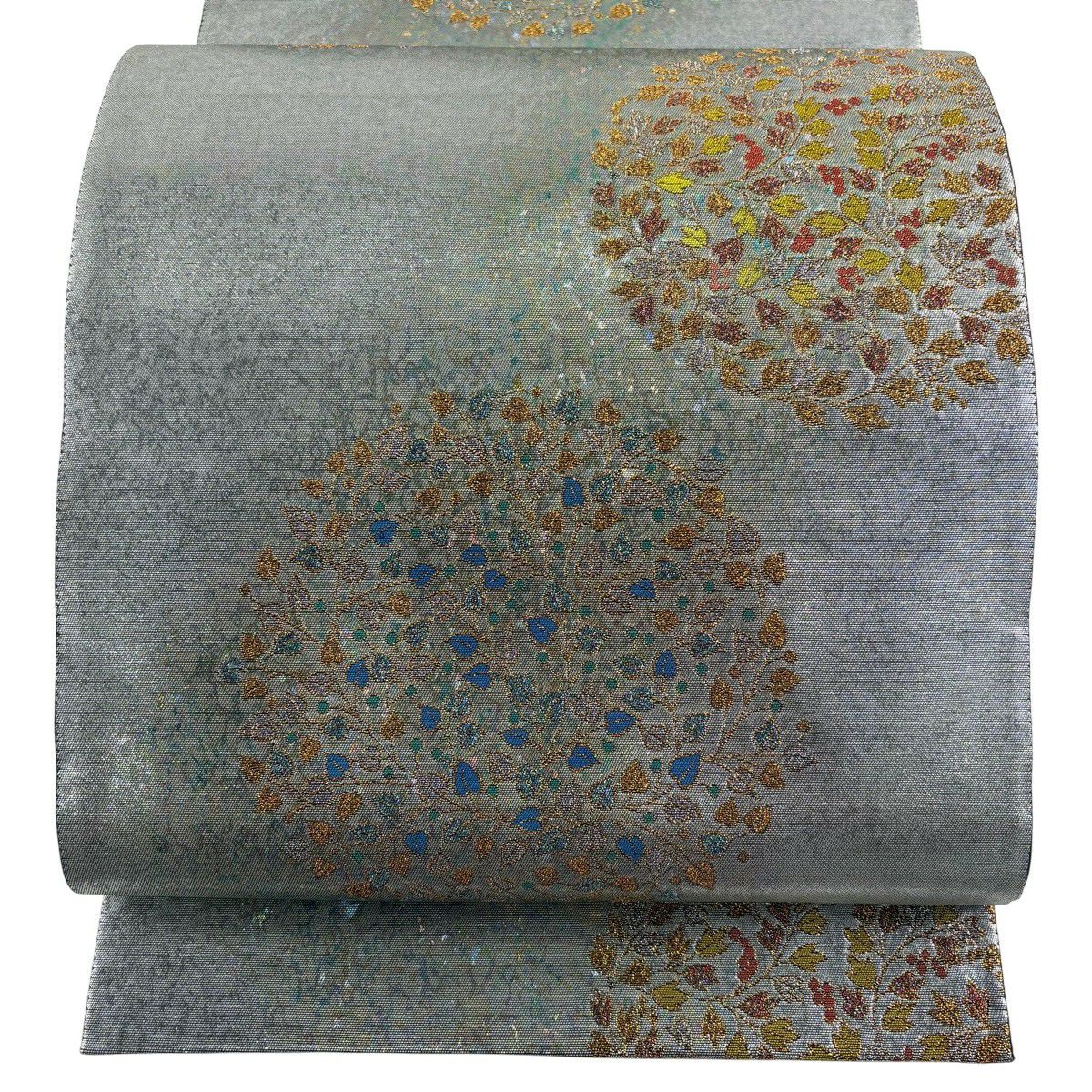 【美品】 袋帶 秀品級 玻璃工藝 圓文 草花紋紋 金金箔 灰綠 六通 純蠶絲