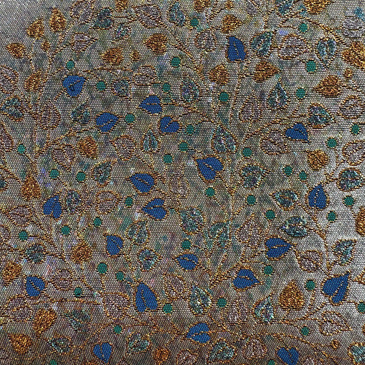 【美品】 袋帶 秀品級 玻璃工藝 圓文 草花紋紋 金金箔 灰綠 六通 純蠶絲
