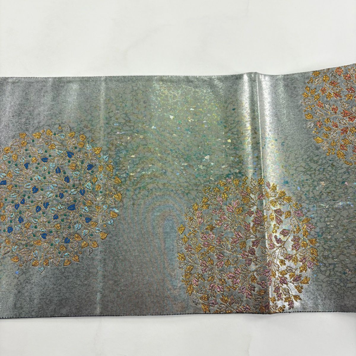 【美品】 袋帶 秀品級 玻璃工藝 圓文 草花紋紋 金金箔 灰綠 六通 純蠶絲