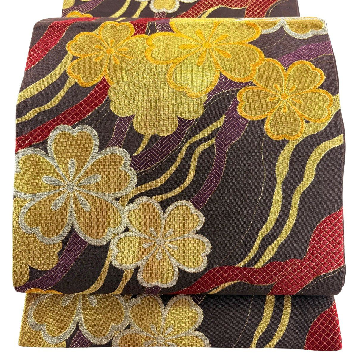 袋帶 秀品級 櫻花 幾何圖案 金銀彩 刺繡 焦茶 六通 純蠶絲
