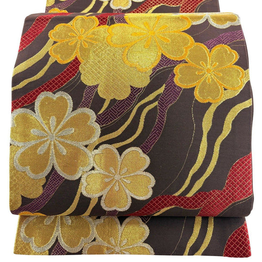 袋帶 秀品級 櫻花 幾何圖案 金銀彩 刺繡 焦茶 六通 純蠶絲