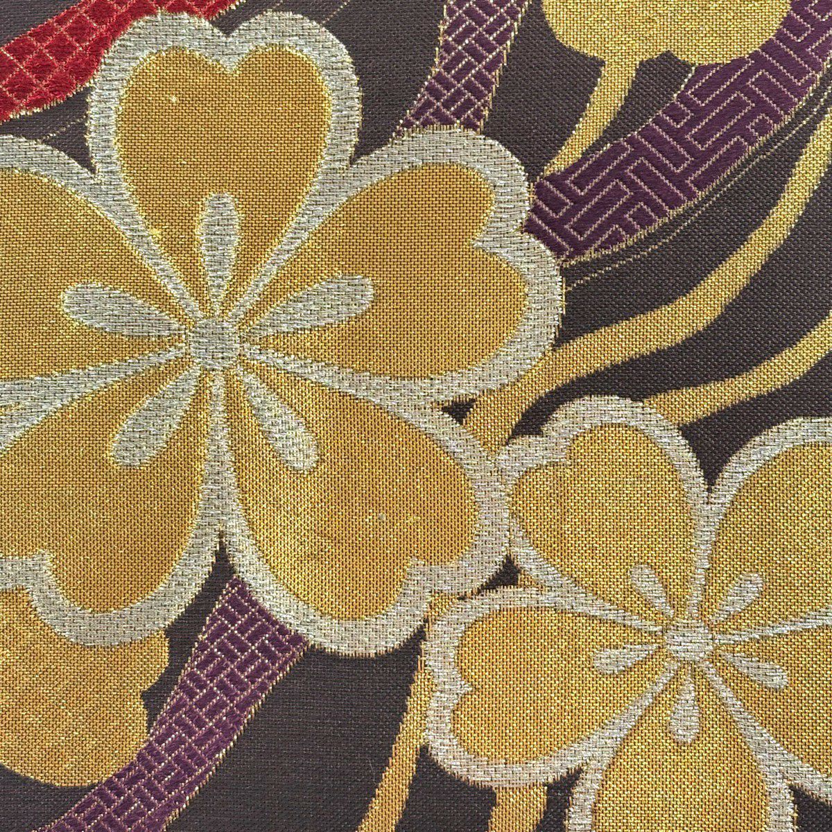 袋帶 秀品級 櫻花 幾何圖案 金銀彩 刺繡 焦茶 六通 純蠶絲