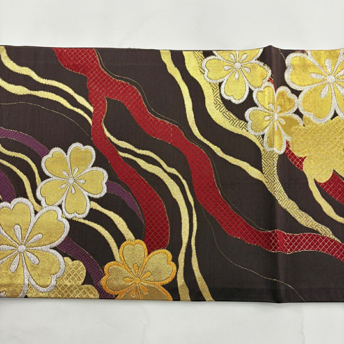 袋帶 秀品級 櫻花 幾何圖案 金銀彩 刺繡 焦茶 六通 純蠶絲
