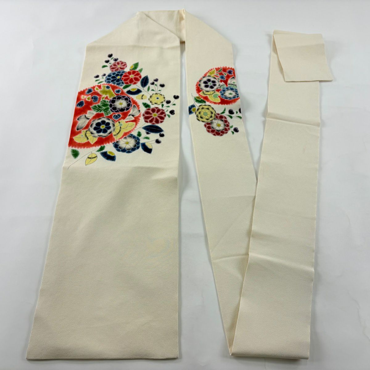 名古屋帶 秀品級 菊花 草花紋 縮緬 奶油色 純蠶絲