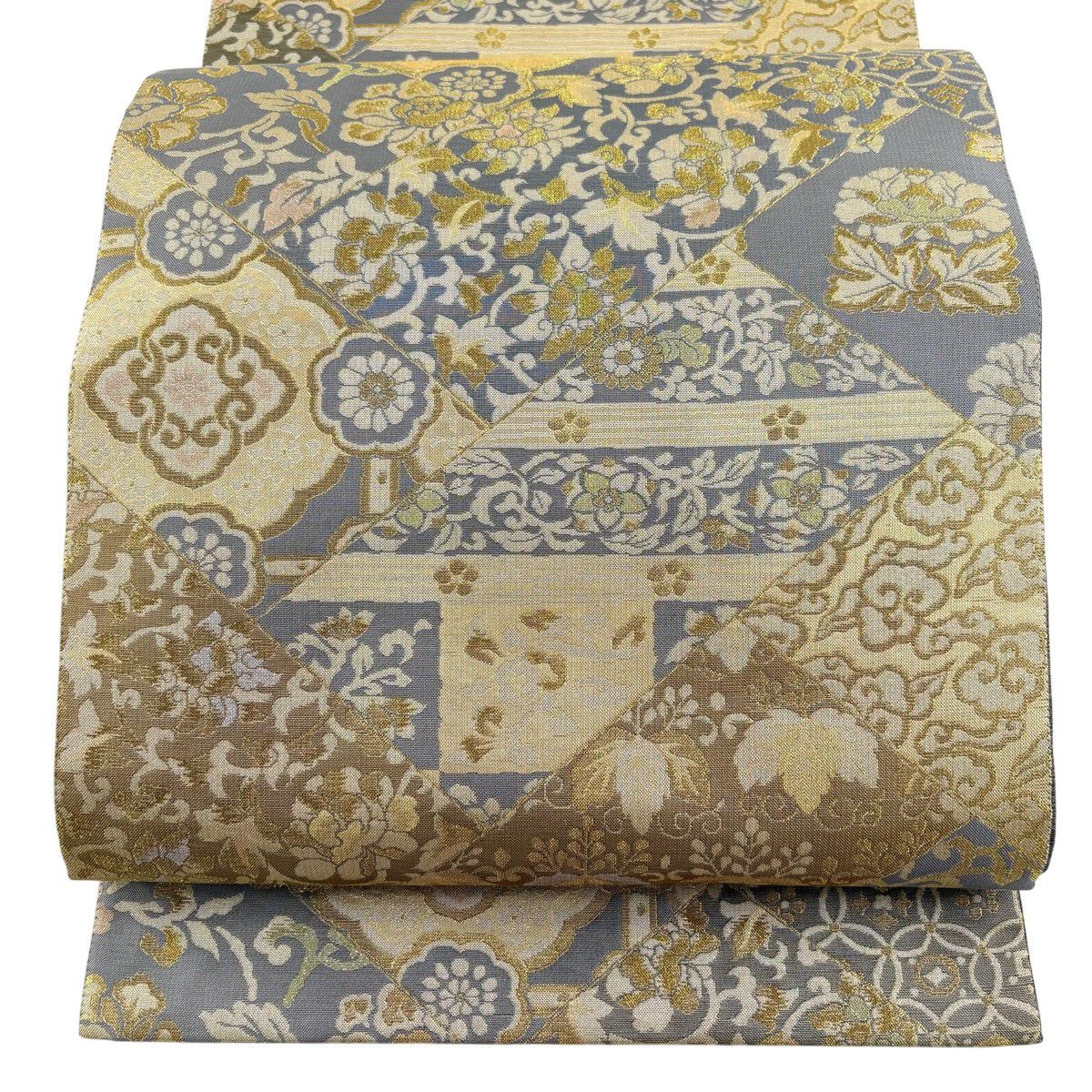 【美品】 袋帶 秀品級 花唐草紋 草花紋 金金箔 金絲 灰色 六通 純蠶絲