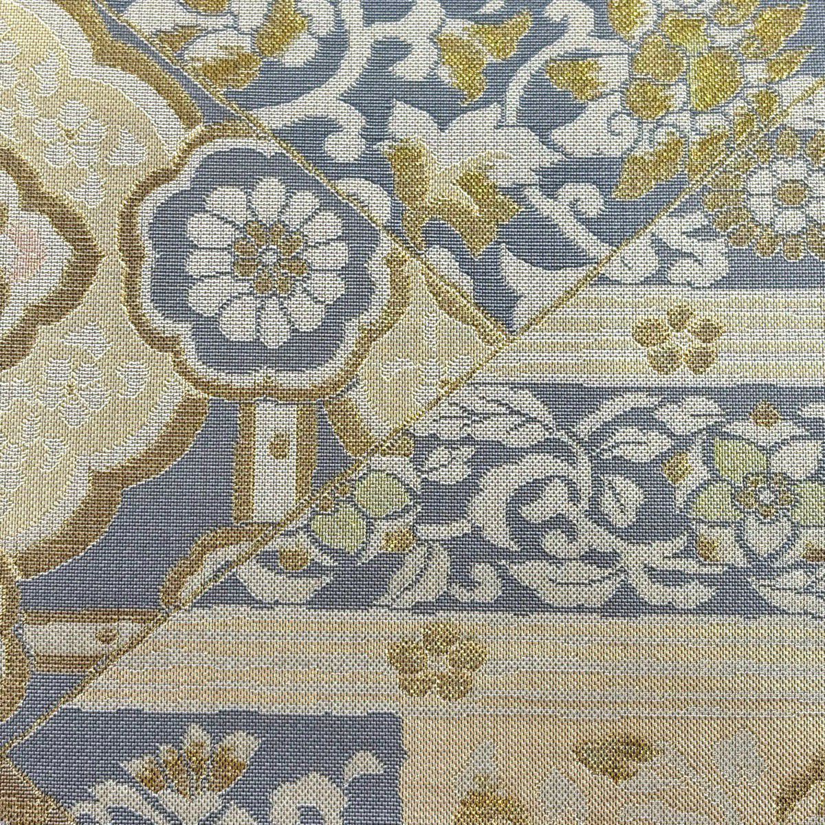 【美品】 袋帶 秀品級 花唐草紋 草花紋 金金箔 金絲 灰色 六通 純蠶絲