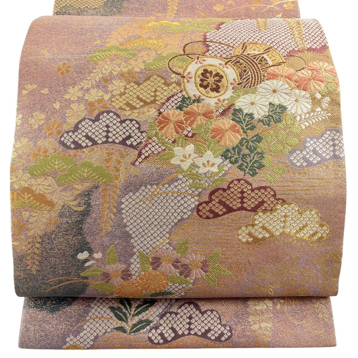 袋帶 秀品級 鼓 菊花 刺繡 金絲 淺紫 六通 純蠶絲