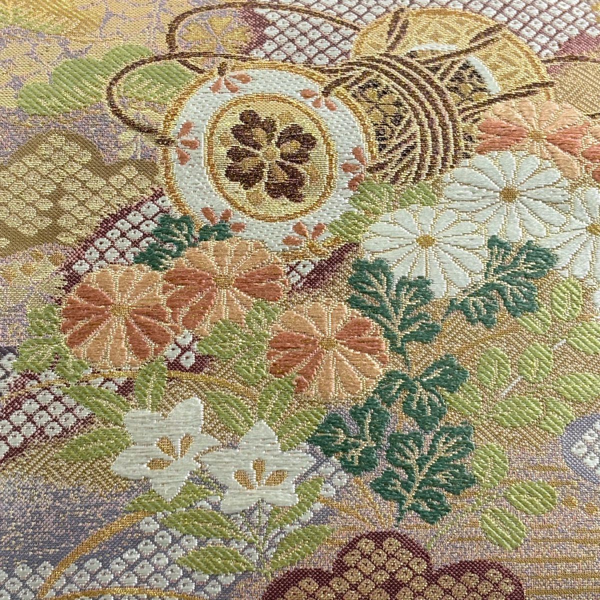 袋帶 秀品級 鼓 菊花 刺繡 金絲 淺紫 六通 純蠶絲