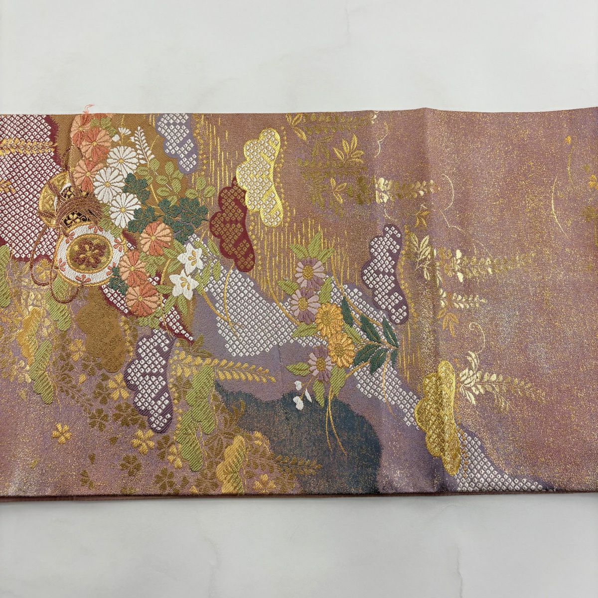 袋帶 秀品級 鼓 菊花 刺繡 金絲 淺紫 六通 純蠶絲